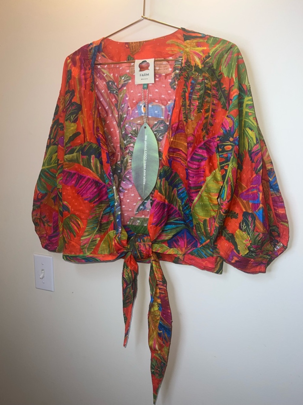 Farm Rio Urban Jungle Tie Front Top XS NWT Tropical Puff Sleeve Crop - Picture 3 of 10
